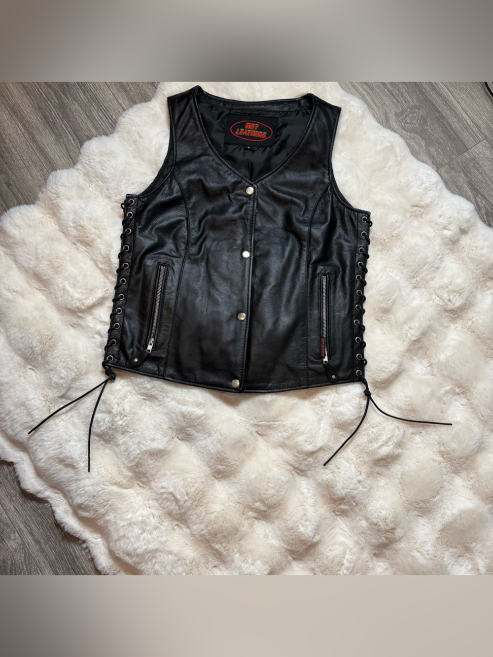 Hot Leathers side lace zip up leather biker motorcycle vest in black - small